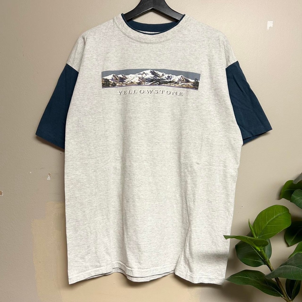 Vintage 90s Yellowstone National Park Mountains Two Tone Shirt Mens L Grey Navy
